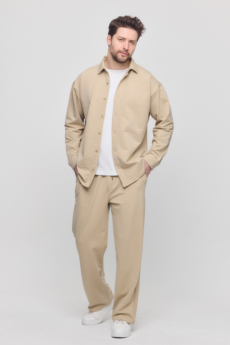 %100 Coton Kumaş Gömlek Pantolon Takım Bej Renk