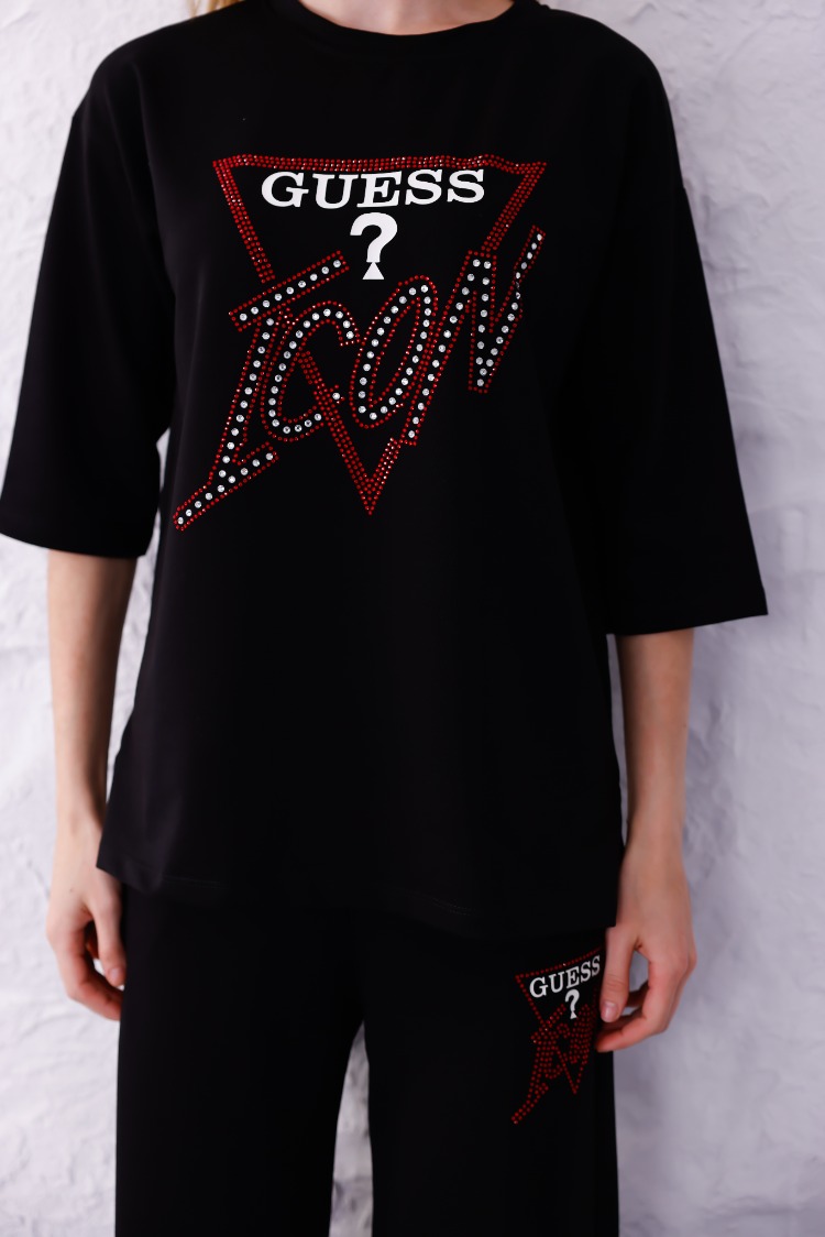 GUESS ICON TAŞLI EŞOFMAN TAKIMI SİYAH