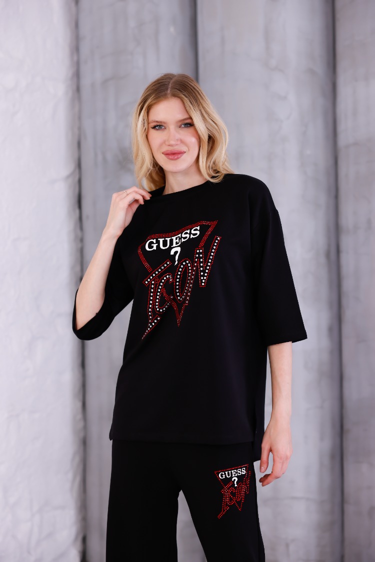 GUESS ICON TAŞLI EŞOFMAN TAKIMI SİYAH