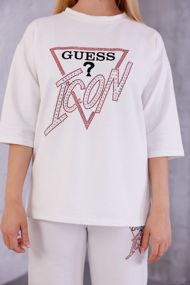 GUESS ICON TAŞLI EŞOFMAN TAKIMI BEYAZ