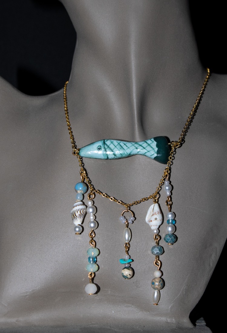 Handmade green clay fish necklace with little irregular beads