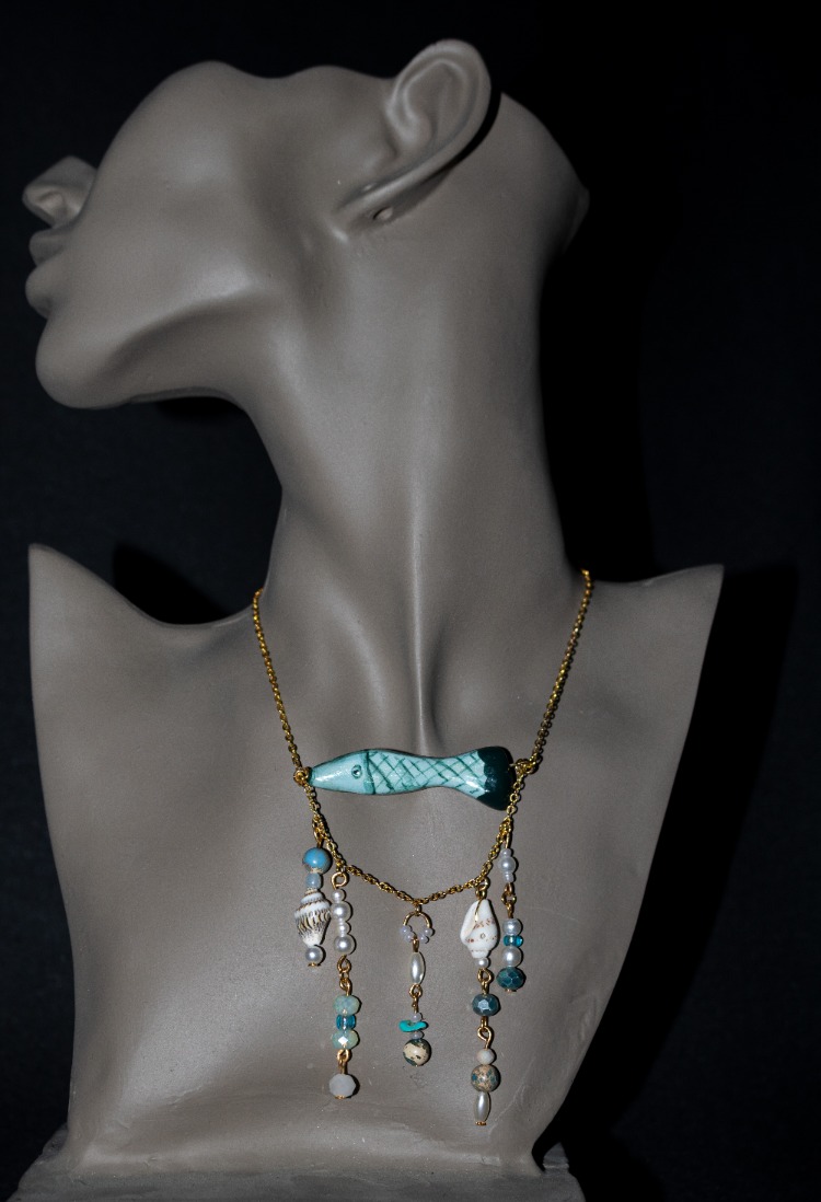 Handmade green clay fish necklace with little irregular beads