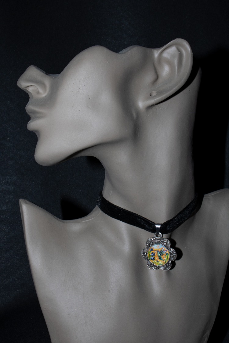 Tiny hand-painted hummingbird and flowers velvet choker