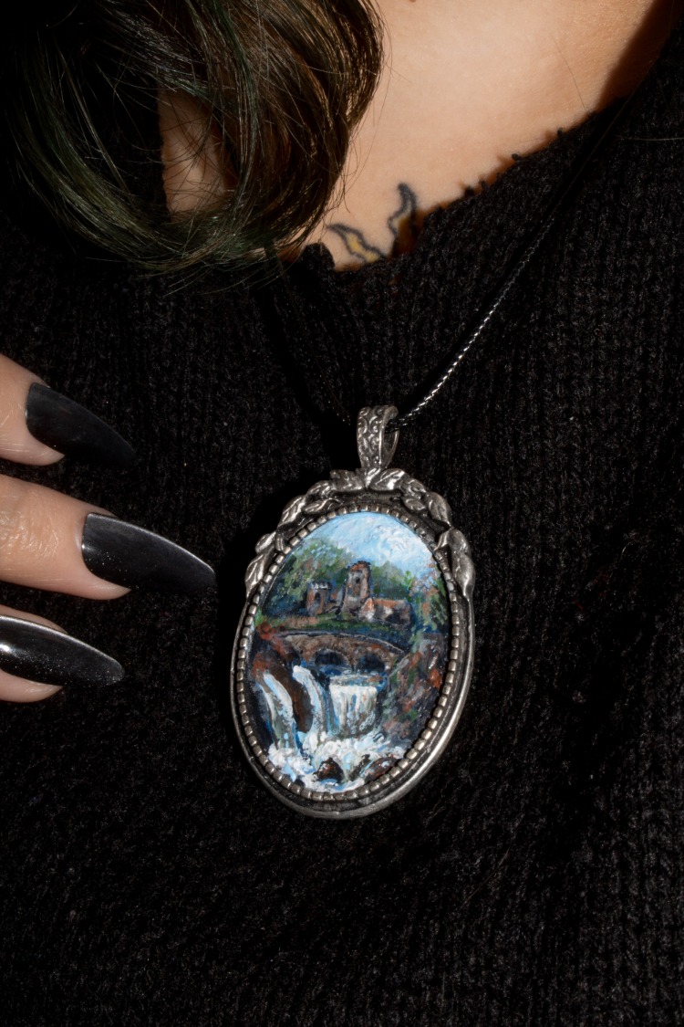 Hand-painted miniature landscape amulet of a bridge & small waterfall