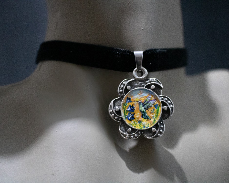 Tiny hand-painted hummingbird and flowers velvet choker