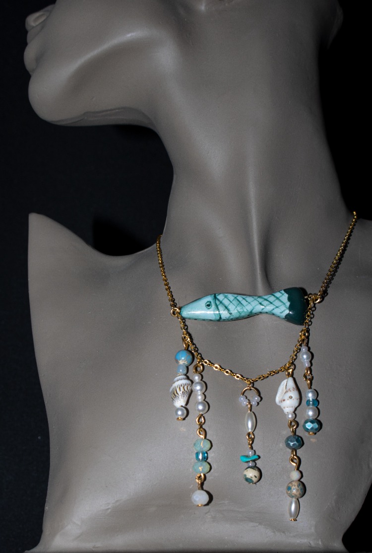 Handmade green clay fish necklace with little irregular beads