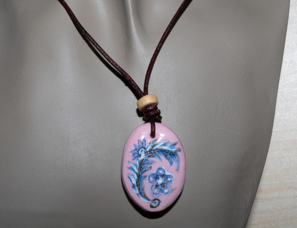 Handmade clay ornament amulet with genuine leather cord and wooden bead