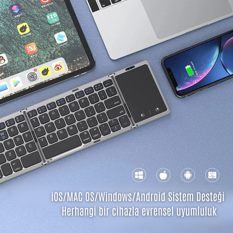 Katlanabilir Mini Kablosuz Klavye | Bluetooth 5.1, Windows, Android, iOS Uyumlu