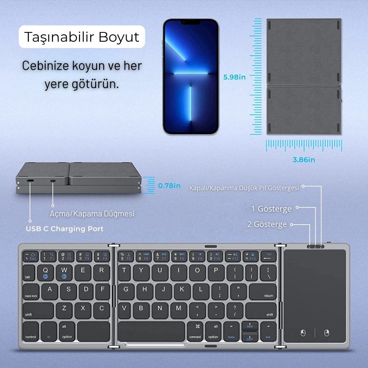 Katlanabilir Mini Kablosuz Klavye | Bluetooth 5.1, Windows, Android, iOS Uyumlu