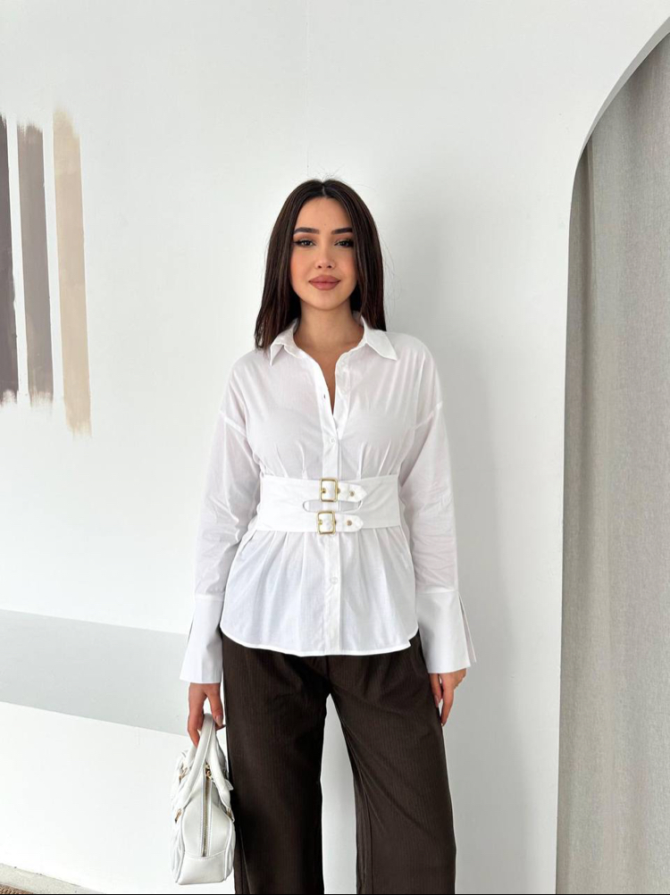Geniş kuşaklı gold kemerli Poplin gömlek