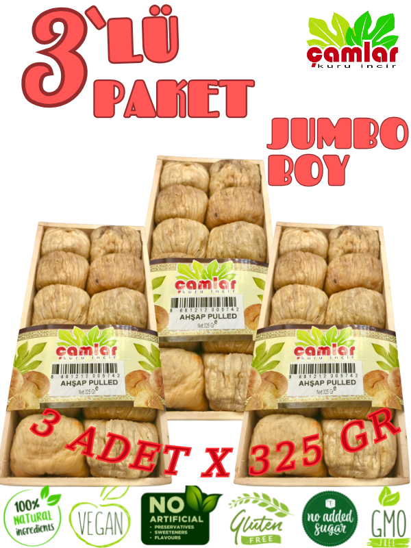 Çamlar 3'lü Paket Doğal Kuru İncir Jumbo Boy Ahşap Tabak 325 gr X 3 Adet