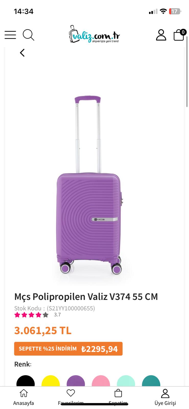 MÇS V374 MOR KABİN BOY VALİZ