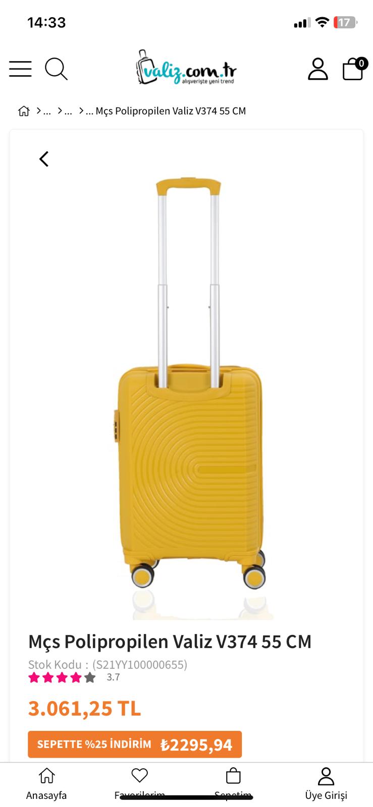 MÇS V374 SARI KABİN BOY VALİZ