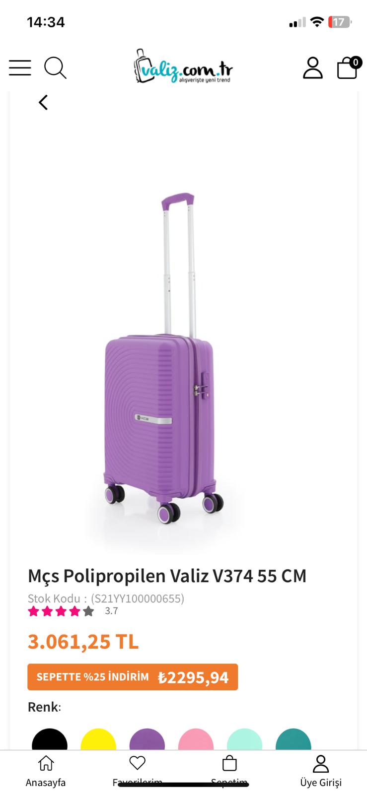 MÇS V374 MOR KABİN BOY VALİZ