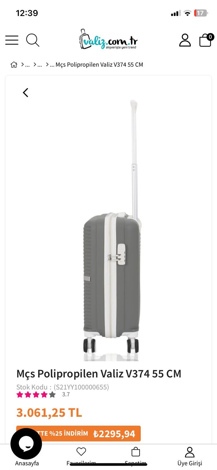 MÇS V374 KEMİK GRİ KABİN BOY VALİZ