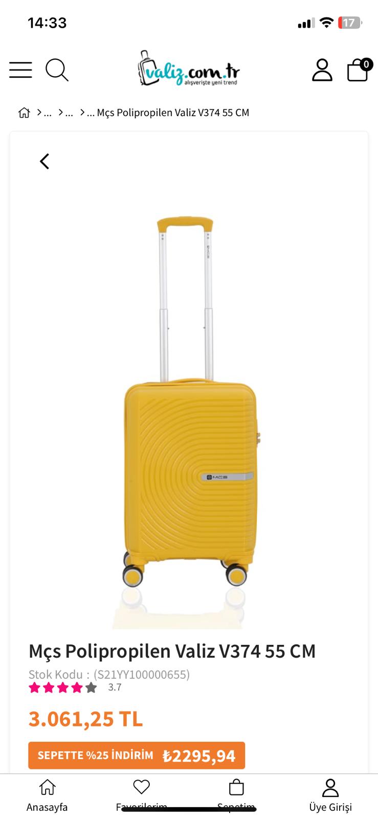 MÇS V374 SARI KABİN BOY VALİZ