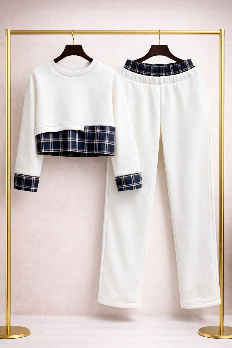 Ekose Detaylı Crop Sweat & Eşofman Altı Takım
