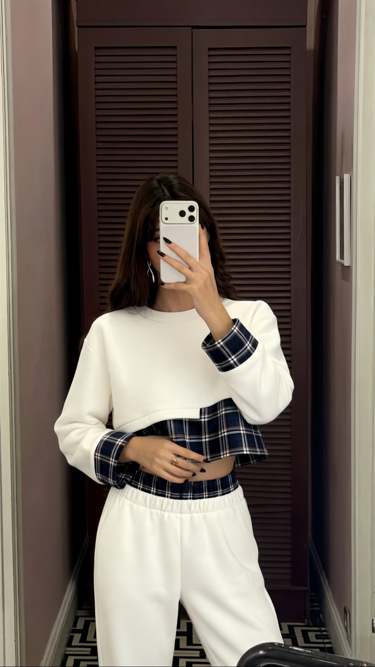 Ekose Detaylı Crop Sweat & Eşofman Altı Takım