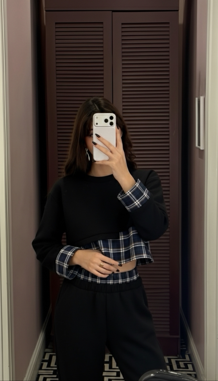 Ekose Detaylı Siyah Crop Takım