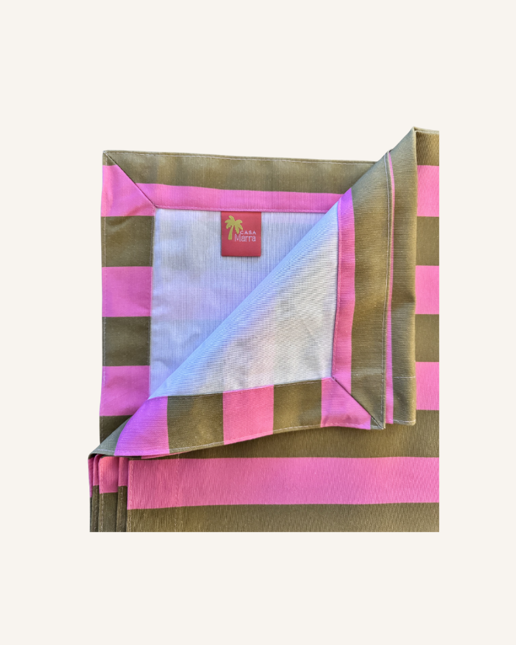 Çizgili Kare Masa Örtüsü | Pembe & Haki | 155x155 cm