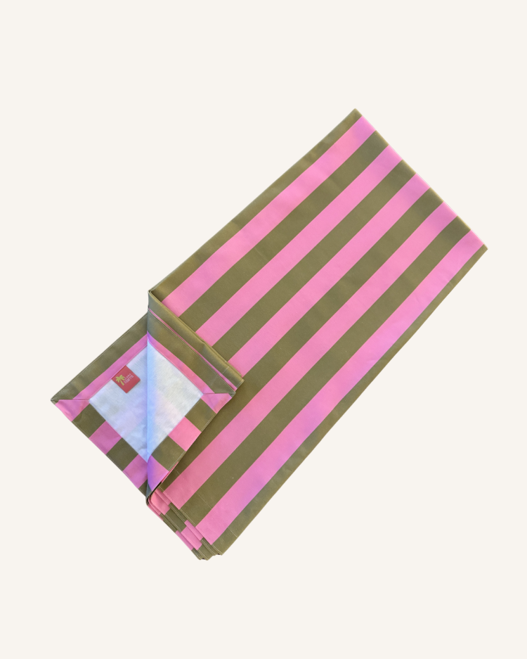 Çizgili Kare Masa Örtüsü | Pembe & Haki | 155x155 cm