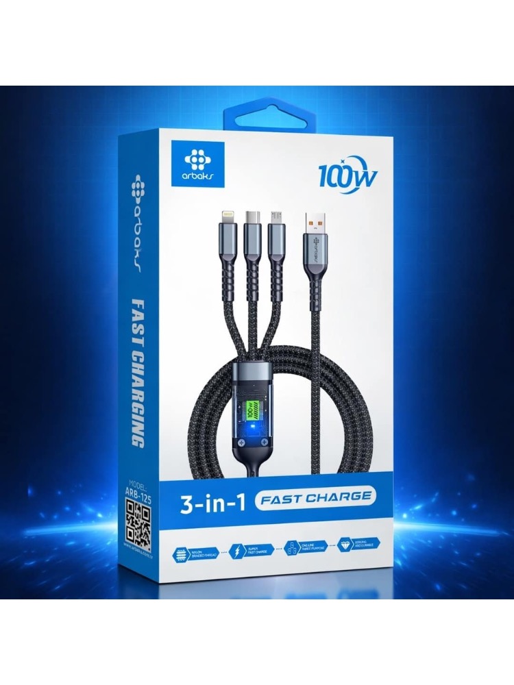 3’ü 1 Arada 100W Hızlı Şarj Kablosu – Type-C, Lightning, Micro Usb