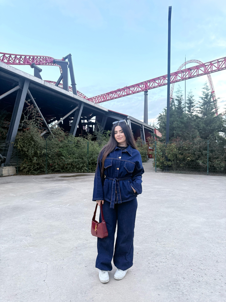 Denim kemer detaylı ceket pantolon takımı 