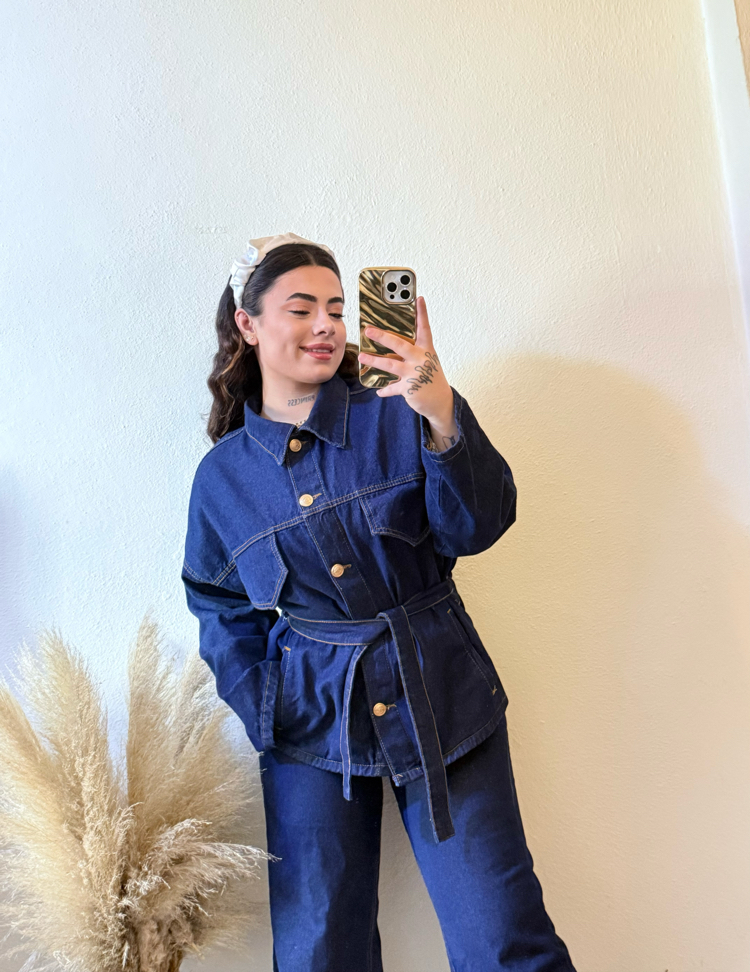 Denim kemer detaylı ceket pantolon takımı 