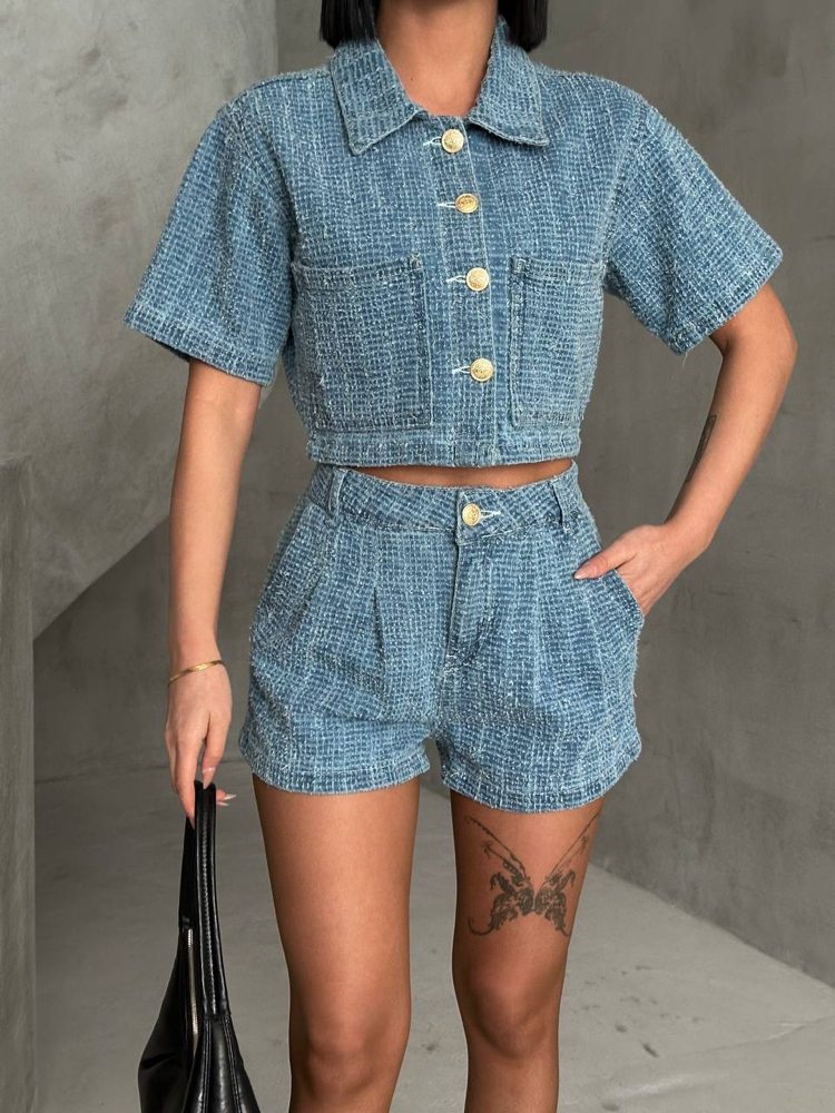 Tırtıklı Denim şort takım