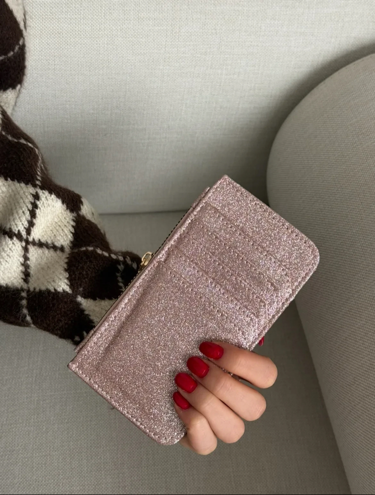 Pembe simli fermuar detaylı kartlık