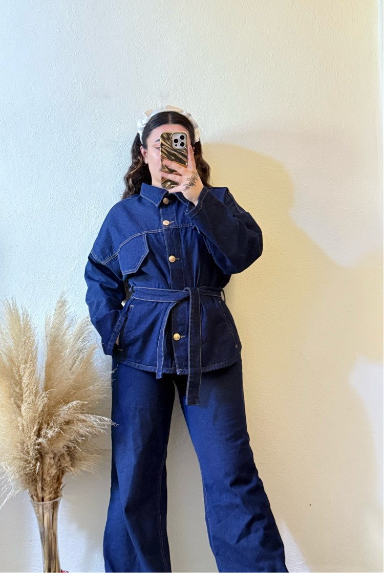 Denim kemer detaylı ceket pantolon takımı 
