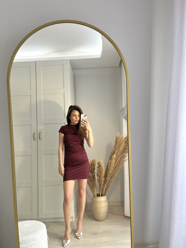 Bordo Büzgülü Elbise
