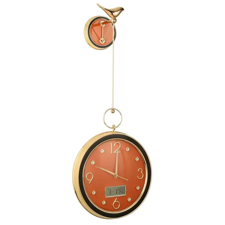 Gold Kuşlu Turuncu Duvar Saati |  Orange Wall Clock with Gold Bird