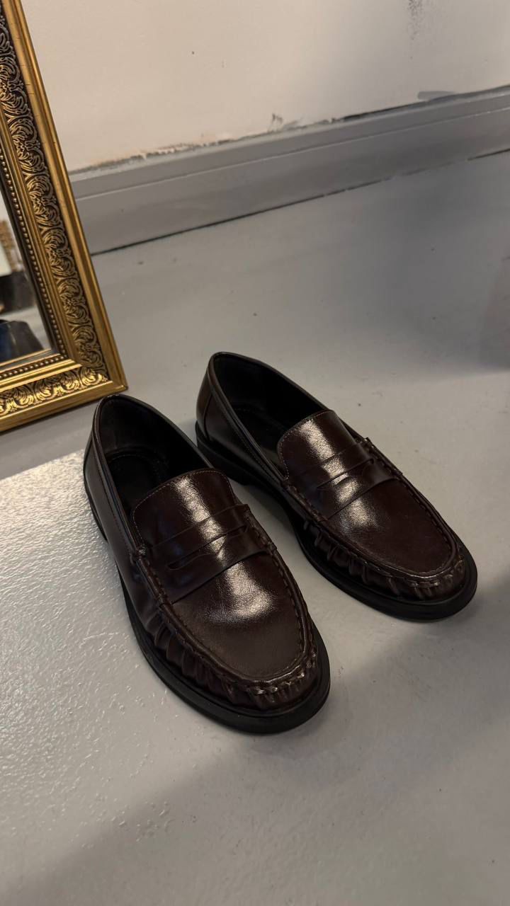 Kadın Büzgülü Cilt deri Oxford Loafer Günlük ayakkabı Acı kahve 120