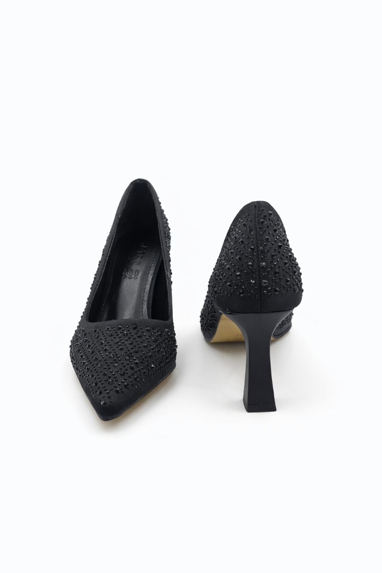 Stiletto Siyah Taşlı Kadın Topuklu Ayakkabı