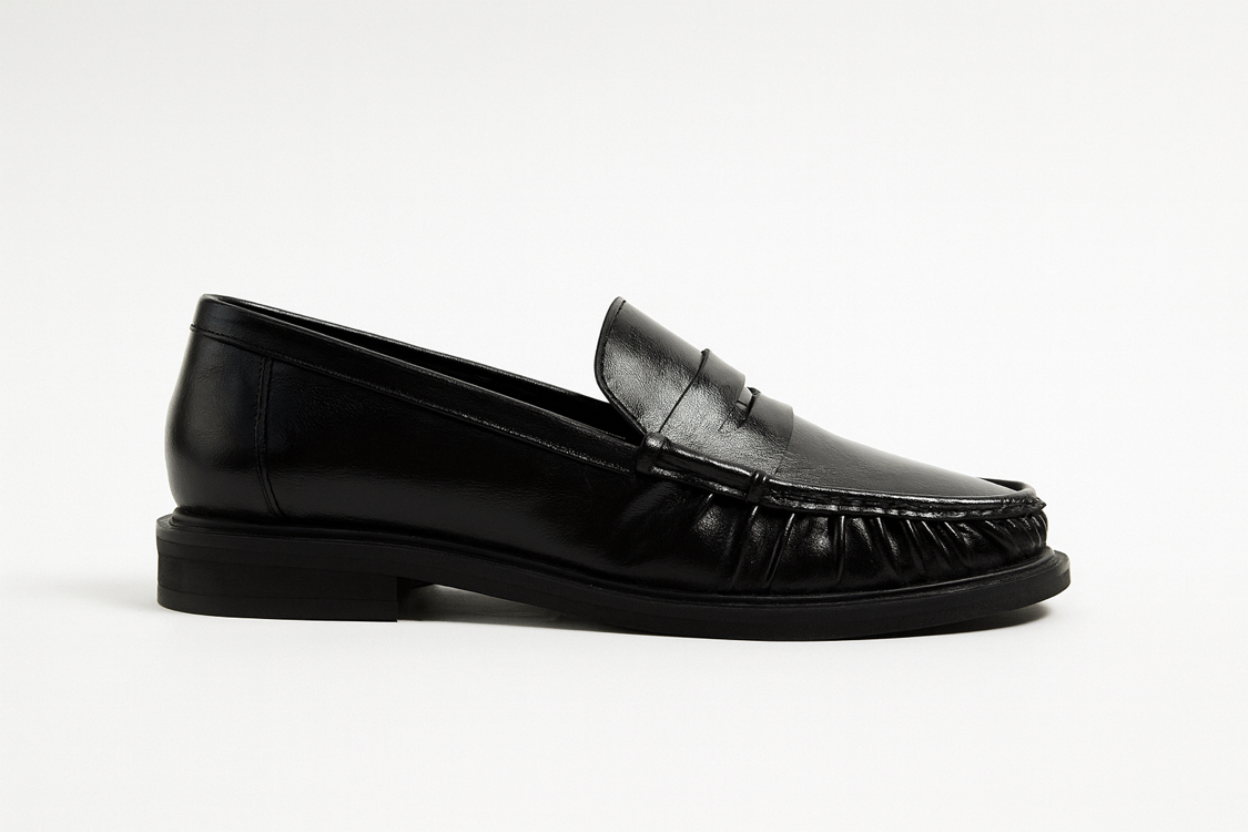 Kadın Büzgülü Siyah deri Oxford Loafer Günlük ayakkabı 