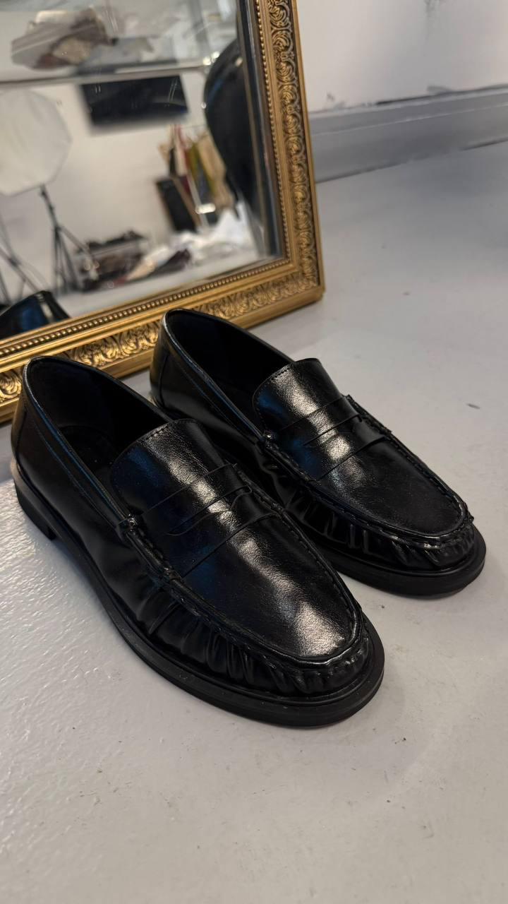 Kadın Büzgülü Siyah deri Oxford Loafer Günlük ayakkabı 