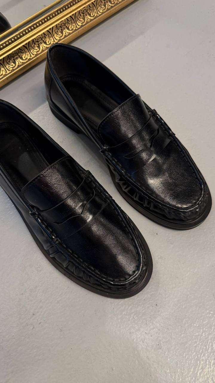 Kadın Büzgülü Siyah deri Oxford Loafer Günlük ayakkabı 