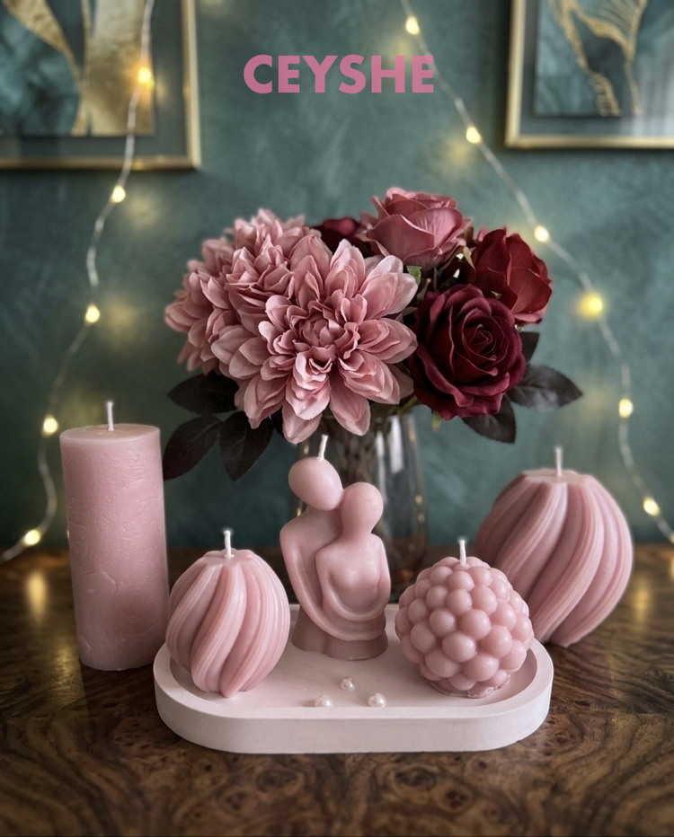 Dekoratif Kokulu 5’li Pembe Mum Seti ve Beton Tabak