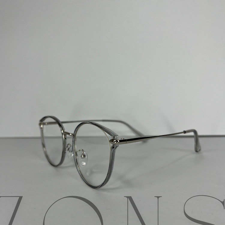 Modern Retro Yuvarlak Optik Gözlük  Şeffaf Gri Çerçeve  Gümüş Metal Detaylı