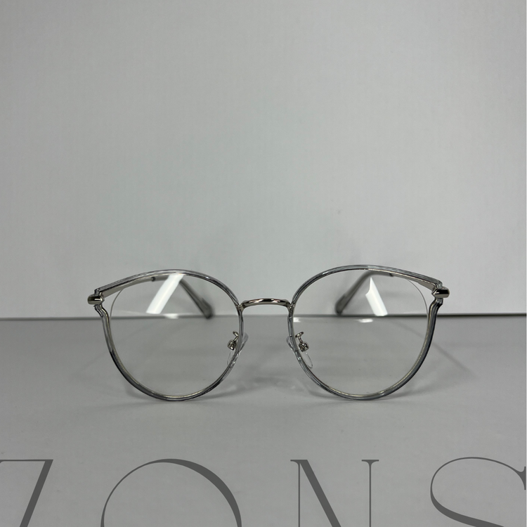 Modern Retro Yuvarlak Optik Gözlük  Şeffaf Gri Çerçeve  Gümüş Metal Detaylı