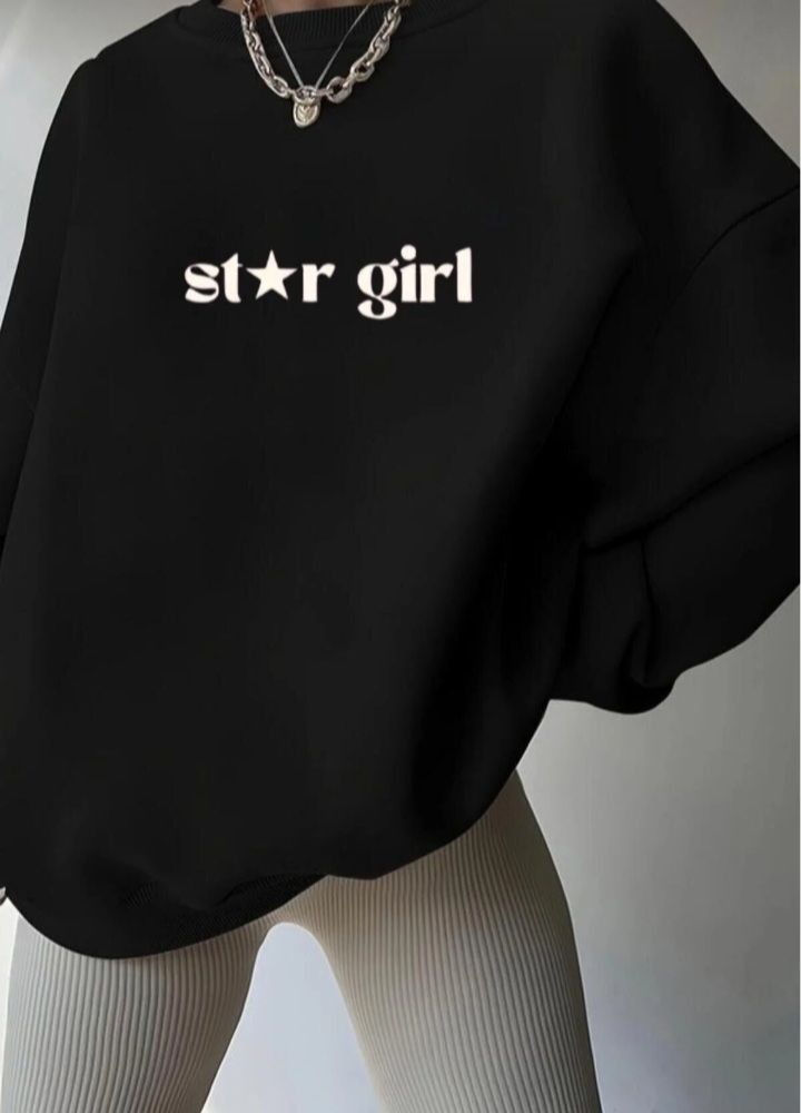 Kadın bej stargirl baskılı  bisiklet yaka sweatshirt 
