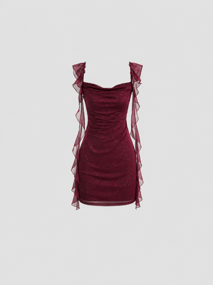 Bordo Fırfırlı Mini Elbise