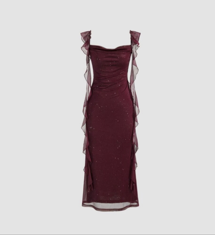 Bordo Fırfırlı Uzun Elbise