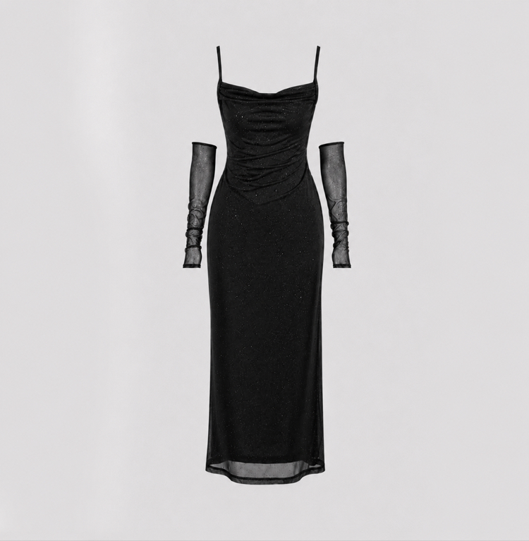 Siyah Eldivenli Uzun Elbise