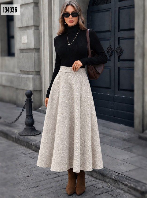 Kadın Jakarlı Yüksek Bel Midi Boy Kaşe Etek