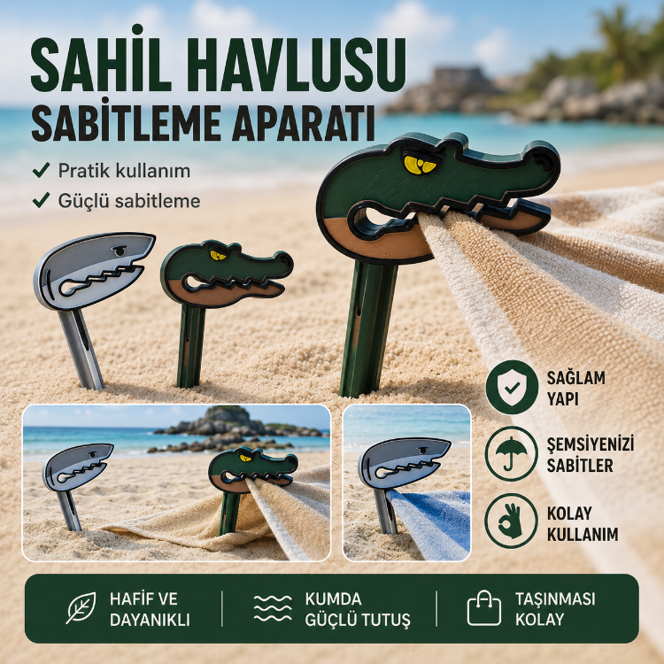 Sahil Havlusu Sabitleme Aparatı – Köpek Balığı & Timsah Tasarımlı 3D Baskı Plaj Klipsi