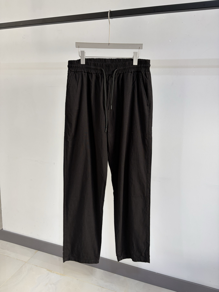 Keten Baggy Kalp Nakışlı Siyah Pantolon