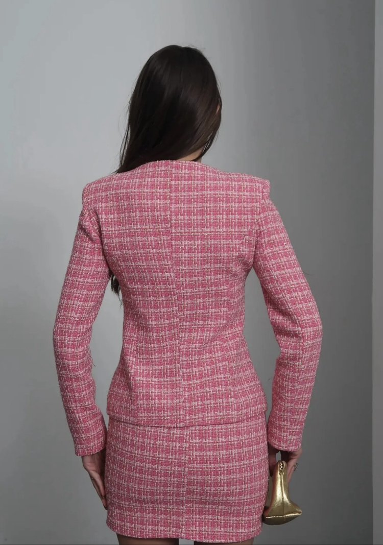 Pembe tüvit ceket etek takım