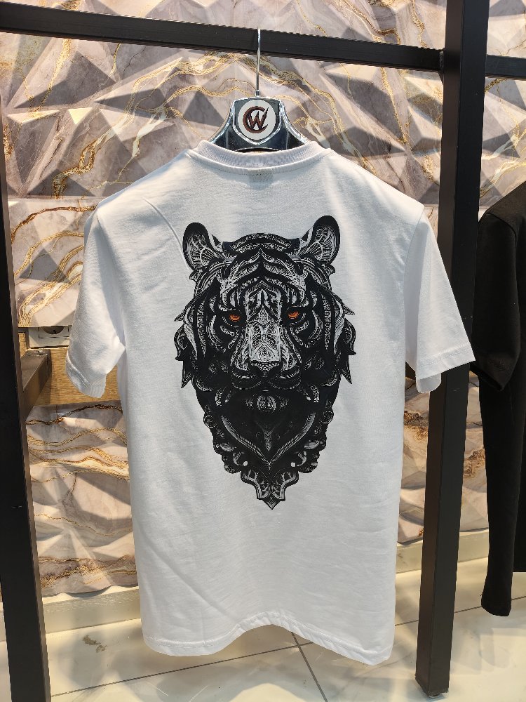 2010 Kaplan Gümüş Baskılı Beyaz Basic T-Shirt